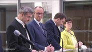 Markus Söder, Friedrich Merz, Lars Klingbeil und Saskia Esken bei einer Pressekonferenz zum Stand der Koalitionsverhandlungen zwischen Union und SPD. © Screenshot 