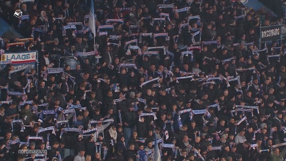 Mehrere Fans stehen auf der Tribüne und halten Fan-Schals hoch. © Screenshot 