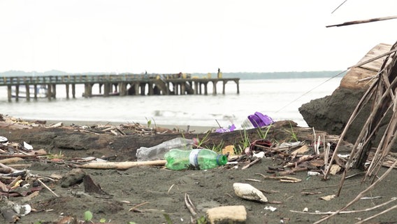 Eine Plastikflasche liegt an einem Strand. © Screenshot 