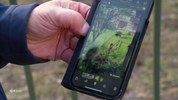 Ein Mann zeigt ein Video von Wildschweinen in seinem Garten auf dem Handy. © Screenshot 