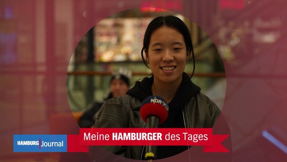 Passantin Antonia spricht in ein Mikrofon. Darunter eine Bandarole mit der Aufschrift "Meine Hamburger des Tages". © Screenshot 