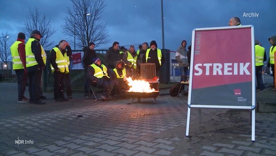 An einem Ver.di-Streikposten stehen Personen in leuchtenden Warnwesten um eine brennende Feuerschale. © Screenshot 