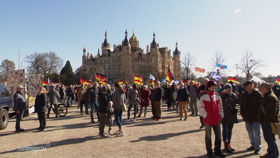 Vor dem Schweriner Rathaus stehen Menschen mit Deutschlandflaggen. © Screenshot 