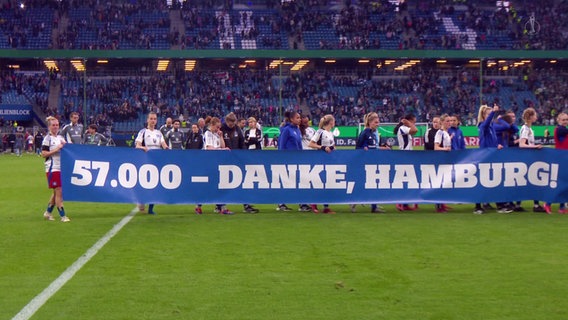 HSV-Spielerinnen mit Transparent "57.000 - danke, Hamburg!" im Volksparkstadion © Screenshot 