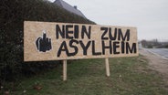 Auf einer Wiese steht ein hölzernes Schild, auf das eine Hand mit erhobenem Mittelfinger und der Schriftzug "Nein zum Asylheim" gemalt sind. © Screenshot 