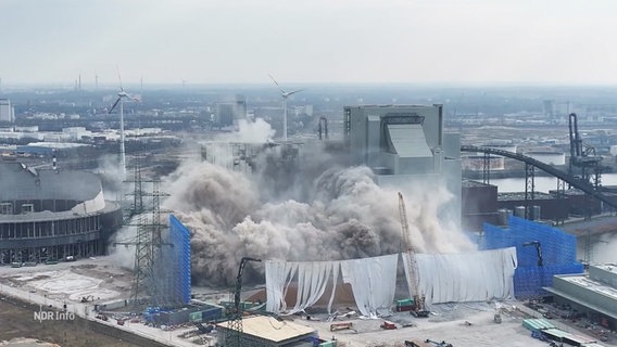 Luftaufnahem zeigt die Sprengung der Kraftwerks in Hamburg-Moorburg. Das Gelände ist kurz nach der Detonation in eine große Staubwolke gehüllt. © Screenshot 