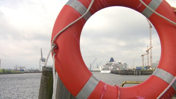 Durch ein Rettungsring ist ein Kreuzfahrschiff zu sehen.  