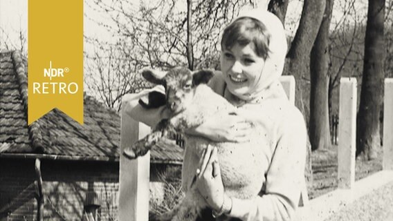 Reporterin Ellen mit einem Lämmchen auf dem Arm (1959)  