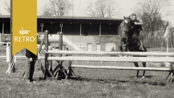 Springreiter bei Trainingssprung auf einem Parcours in Heide 1962  