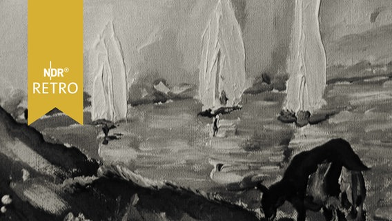 Gemälde: Kuh auf der Weide am Deich, dahinter Segelboote (1965)  