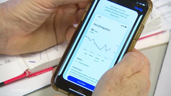 A smartphone whose screen shows a graph with a patient's heart rate.  