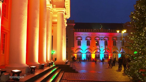 A building with Christmas lights in Schwerin.  