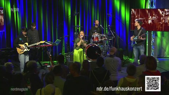 Bei einem Konzert spielt eine Band mit einer Sängerin auf einer Bühne. © Screenshot 