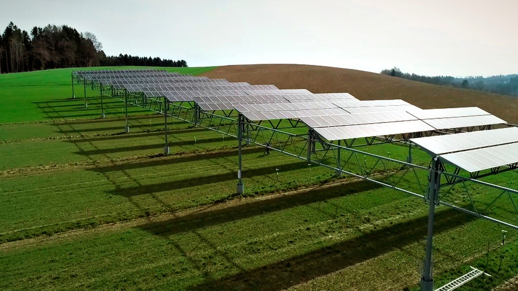 Ein Feld auf einem Hügel, auf dem Photovoltaik-Anlagen stehen. 