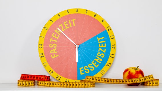 Uhr mit Anzeige "Fastenzeit/Essenszeit", daneben liegen ein Apfel und ein Maßband. © NDR Foto: Claudia Timmann