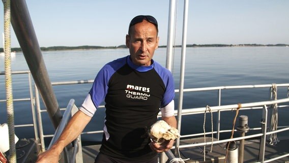 Forschungstaucher Hubert Pinto de Kraus mit dem Schädel eines streng geschützten Schweinswals. Er hat ihn in einem der geborgenen Netze gefunden. © NDR / Clipart 
