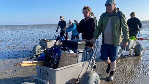 Nur mit Spezialwagen mit luftgefüllten Ballonreifen können Archäologin Ruth Blankenfeldt und Grabungshelfer Dirk Bienen Scholt die schwere Ausrüstung vom Deich aus zur 7 Kilometer entfernten Grabungsstelle mitten im Wattenmeer transportieren © NDR/Mario Göhring 