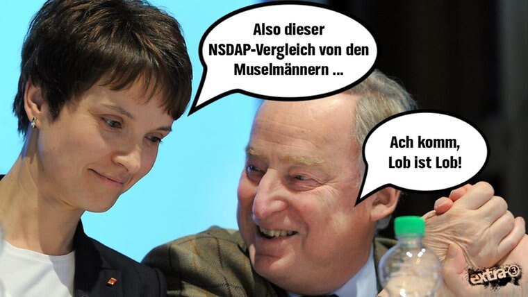 Petry zu Gauland: "Also dieser NSDAP-Vergleich von diesen Muselmännern..." Gauland antwortet: "Ach komm, Lob ist Lob!"  