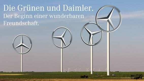Windkraftanlagen mit Mercedes-Sternen als Windräder. Text: Die Grünen und Daimler. Der Beginn einer wunderbaren Freundschaft.  