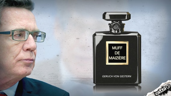 Parfum-Flacon mit der Aufschrift: Muff De Maiziére - Der Geruch von Gestern  