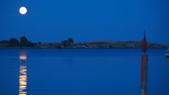 Der Mond steht über einer vorgelagerten Insel im Hafen Dyreborg. © NDR Foto: Tjorven Schönhoff