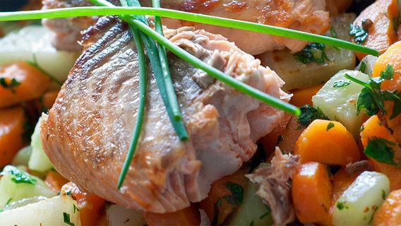 Lachs mit Gemüse und Schnittlauch angerichtet. © Fotolia.com Foto: Doris Heinrichs