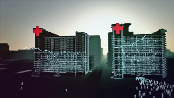 Dunkle Grafik zeigt zwei Hochhäuser mit rotem Kreuz dran - zwei Krankenhäuser. Beim rechten sind alle Stockwerke erleuchtet und davor zeigt eine Fieberkurve nach oben. Beim linken ist nur die Hälfte der Stockwerke  erleuchtet und die Fieberkurve zeigt nach unten. © NDR 