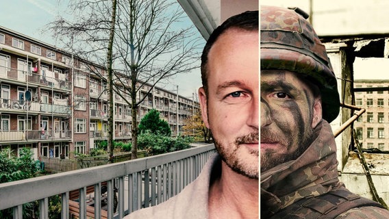 Kollage vom Porträt des selben Mannes linke Gesichtshälfte (vom Betrachtenden aus) "in zivil", rechte Gesichtshälfte als Soldat mit Tarnfarbe im Gesicht, Uniform und Helm. © WDR 
