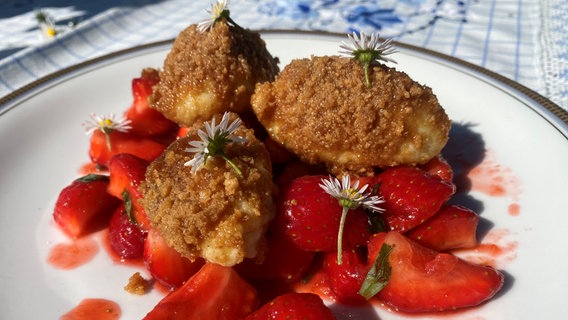 In Amarettinibröseln gewälzte Grießknödel mit marinierten Erdbeeren auf einem Teller angerichtet. © NDR 