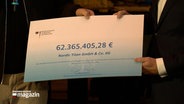 Eine Summe von 62.365.405 Euro steht auf einem symbolischen Förderbescheid vom Bund für die FSG. © NDR 