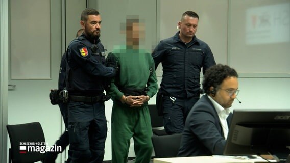 Eine Person wird in Handschellen in einen Gerichtssaal geführt. © NDR Foto: NDR Screenshots