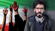 Collage: Journalist Omid Rezaee vor den Farben Irans und erhobenen Fäusten © NDR 