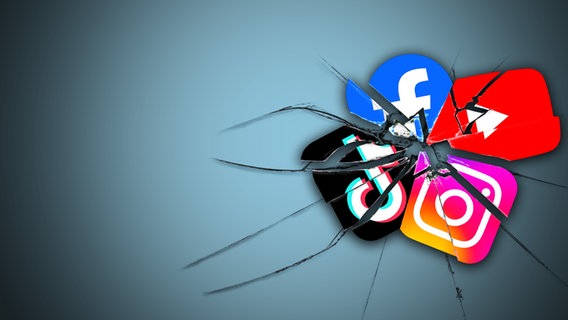 Zersplitterte Darstellung der Plattformen-Logos von TikTok, Instagram, Facebook und YouTube © picture alliance / Zoonar Foto: Zoonar