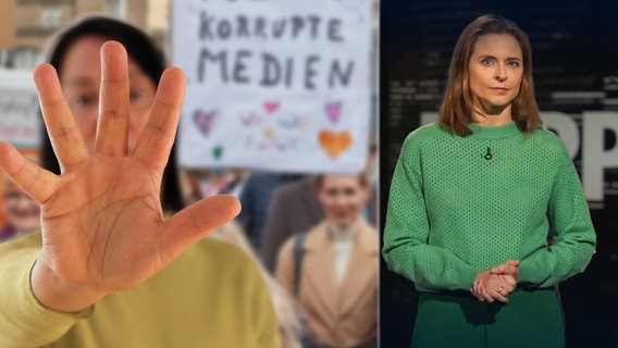 Moderatorin Kathrin Drehkopf, daneben eine Person, die nicht mit der Presse sprechen möchte. © NDR 