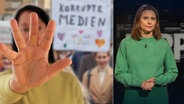 Moderatorin Kathrin Drehkopf, daneben eine Person, die nicht mit der Presse sprechen möchte. © NDR 