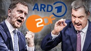 Michael Kretschmer, Ministerpräsident von Sachsen, und Bayerns Ministerpräsident Markus Söder reden energisch. In der Mitte befinden sich die Logos von ARD und ZDF. © picture alliance/dpa Foto: Michael Kappeler, Kay Nietfeld