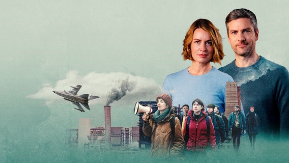 Jessy Wellmer und Ingo Zamperoni sind groß im Hintergrund zu sehen, vor ihnen sieht man eine Collage aus Industriegebäuden, einem Militärflugzeug und Demonstranten. © Montage/Look: Studio Fritz Gnad; Porträts Wellmer/Zamperoni: Morris Mac Matzen; Jet: picture alliance/dpa/Bundeswehr | Andrea Bienert; Fabrik: IMAGO / Jochen Tack; Demo: KI-gestützte Illustration 