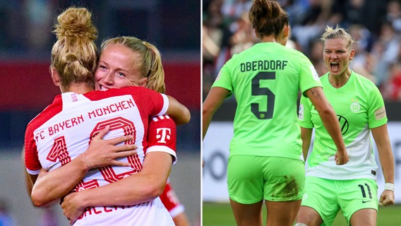 Montage: Links jubeln die Münchner Fußballerinnen Lea Schüller und Linda Dallmann, rechts die Wolfsburgerinnen Lena Oberdorf und Alexandra Popp © IMAGO / ActionPictures / Jan Hübner 