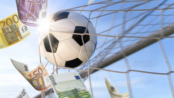 Ein Fussball fliegt in ein Tor und wirbelt Euroscheine empor. © fotolia.com Foto: Smileus, h368k742