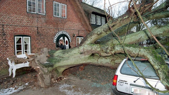 Hausbewohner begutachten nach dem Orkan "Anatol" am 4.12.1999 die Schäden an ihrem Haus und Auto in Keitum auf der Nordseeinsel Sylt ©  picture-alliance / dpa Foto: Sylt-Picture