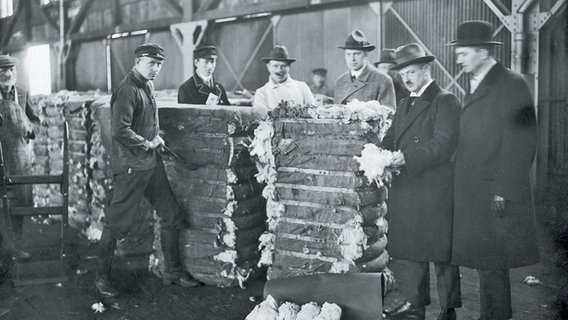 Männer inspizieren in einem Bremerhavener Lagerhaus eine Ladung Baumwolle (historisches Foto) © Kühne + Nagel 