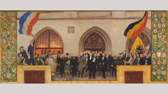 Die Proklamation der provisorisches Regierung Schleswig-Holsteins von 1848, Gemälde von Hans Olde © Hans Olde, Public domain, via Wikimedia Commons 
