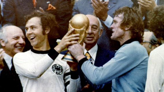 Franz Beckenbauer (l.) und Torwart Sepp Maier halten nach dem Finale gegen die Niederlande am 7.7.1974 den WM-Pokal hoch. © picture alliance / ASSOCIATED PRESS Foto: AP