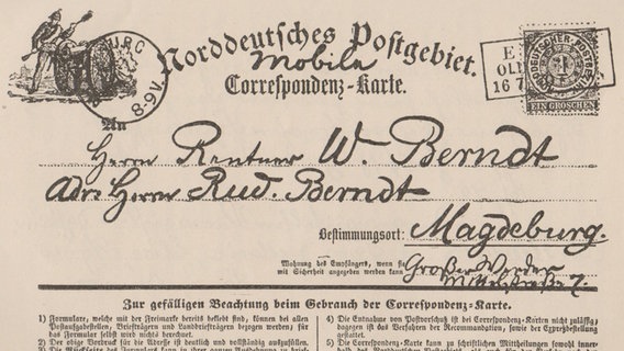 Einer der ersten Bildpostkarten vom 16. Juli 1870, auch Correspondenzkarte genannt, gedruckt und verschickt von Buchhändler August Schwartz (1837-1904) aus Oldenburg © Public Domain 