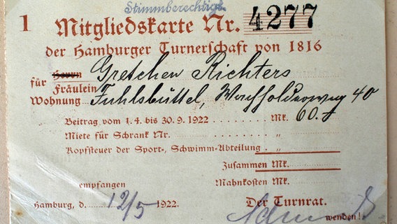 Mitgliedskarte der Hamburger Turnerschaft von 1922  