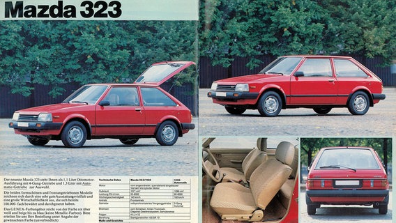 Mazda 323 - Aus dem Versandkatalog 'Geschenke in die DDR', Ausgabe 1984, S.172/173 (Katalog der Genex Geschenkdienst- und Kleinexporte GmbH; 1956 gegründetes DDR-Unternehmen © picture alliance / akg-images 