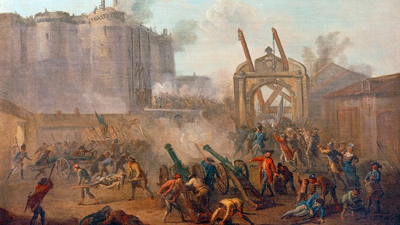 Französische Revolution: Sturm auf die Bastille am 14. Juli 1789 ( Gemälde von Jean-Baptiste Lallemand (1716-1803). Öl auf Leinwand, 80 × 104 cm) © picture alliance / akg-images 