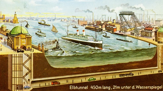 Postkarte zum 100. Geburtstag des Alten Elbtunnels, Illustration des Tunnels im Querschnitt © Ansichtskartenfabrik Schöning und Co. Lübeck, Foto: Stiftung Historische Museen Hamburg Foto: Ansichtskartenfabrik Schöning und Co. Lübeck, Foto: Stiftung Historische Museen Hamburg