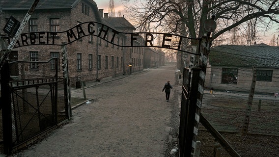 Eine Person geht auf dem Gelände des ehemaligen deutschen Konzentrations- und Vernichtungslagers Auschwitz-Birkenau, im Vordergrund das Tor mit dem Schriftzug "Arbeit macht frei". (27.01.2025) © picture alliance/dpa/AP Foto: Oded Balilty