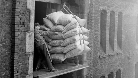 Säcke mit Waren werden in den Kaiserspeicher (1875-1963) im Hamburger Hafen geladen. (undatiert) © HHLA Foto: Gustav Werbeck